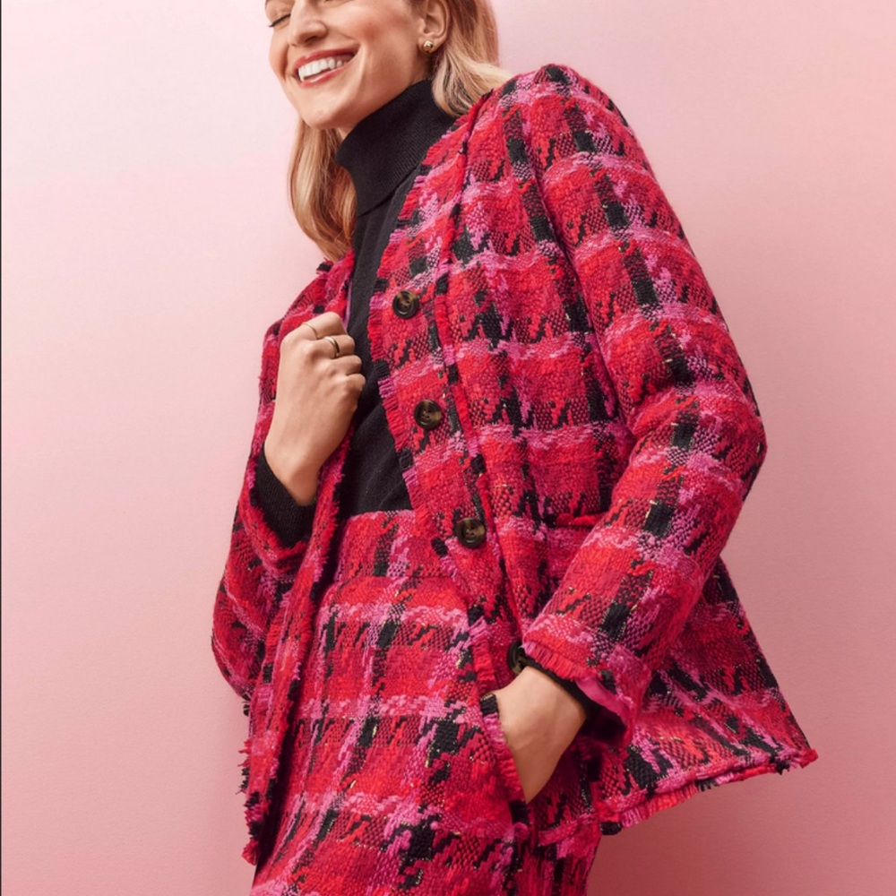 ANN TAYLOR PINK MULTI HOUNDSTOOTH TWEED LONG CARDIGAN JACKET 0
